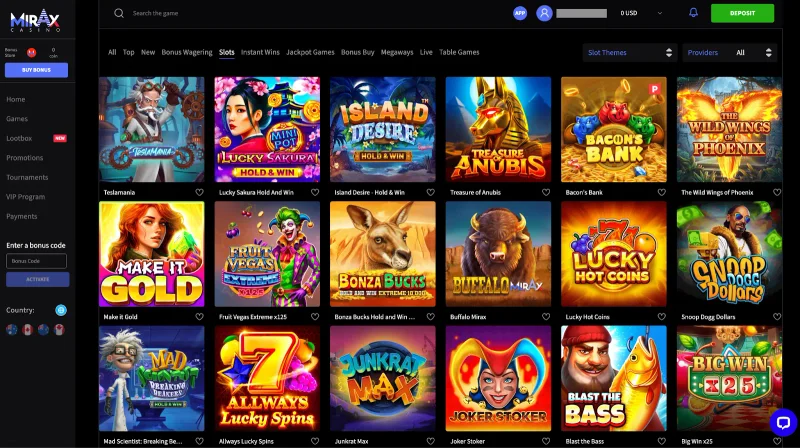 MirAx Casino game selection
